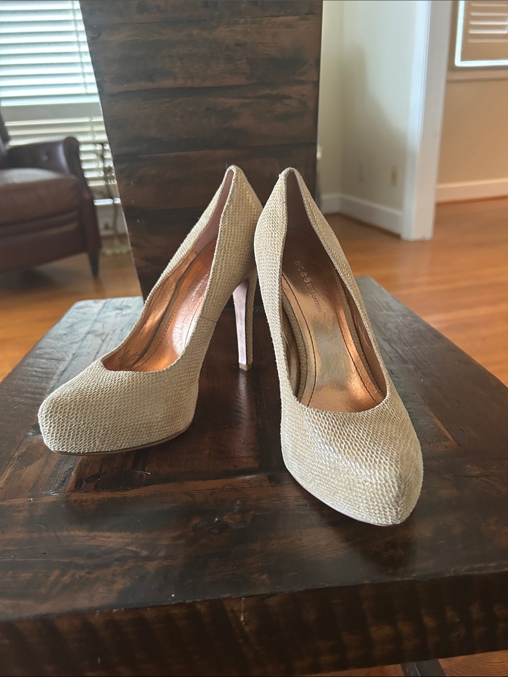 BCBGeneration Beige Textured Platform Pumps